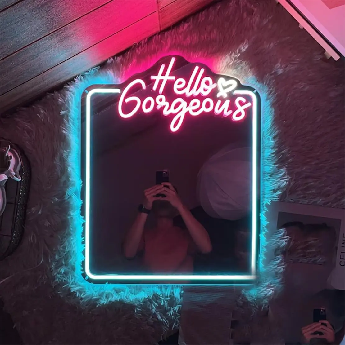 Hello Gorgeous Neon Mirror Sign,LED Neon Light Mirror,USB Powered Makeup Mirror Wall Decor for Bedroom Vanity Room Birthday Gift