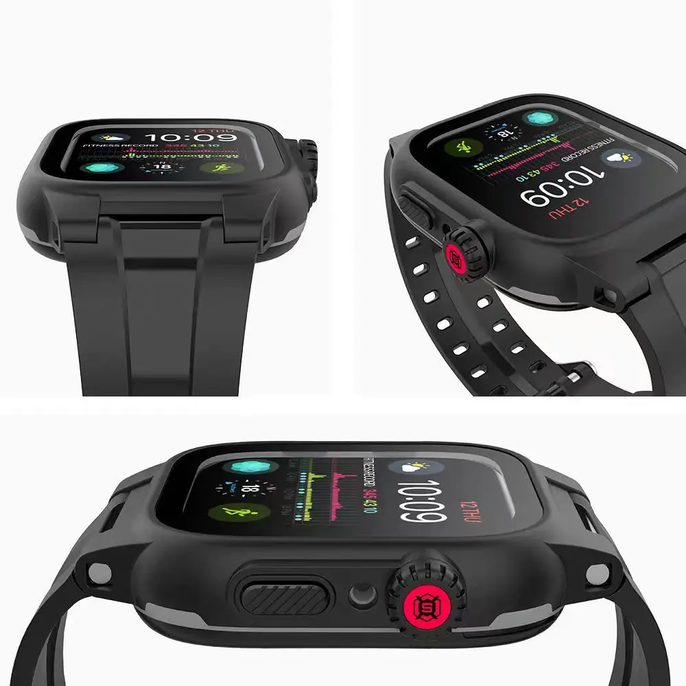 New Soft Silicone Strap IP68 Waterproof Watch Case For Apple Watch 9 8 7 6 5 4 SE 45mm 44mm 41mm 42mm Outdoor sports Accessories