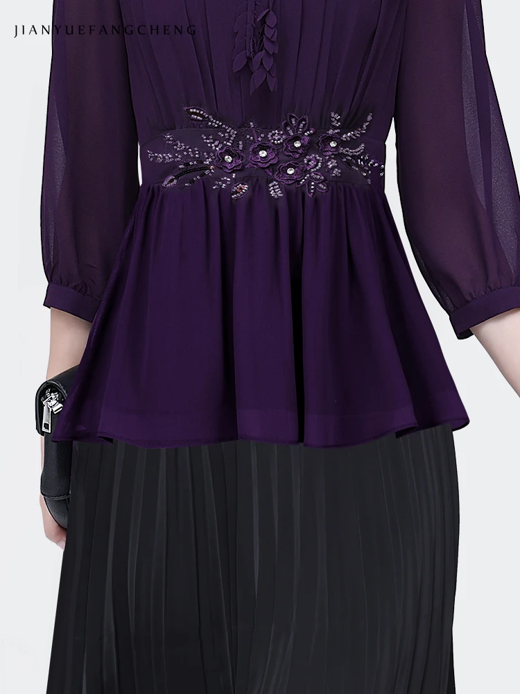 2024 Spring/Summer French Style Pleated Chiffon Shirt Top Women\'s Purple Beaded Cinched Waist 3/4 Sleeve Bottom Applique Blouses