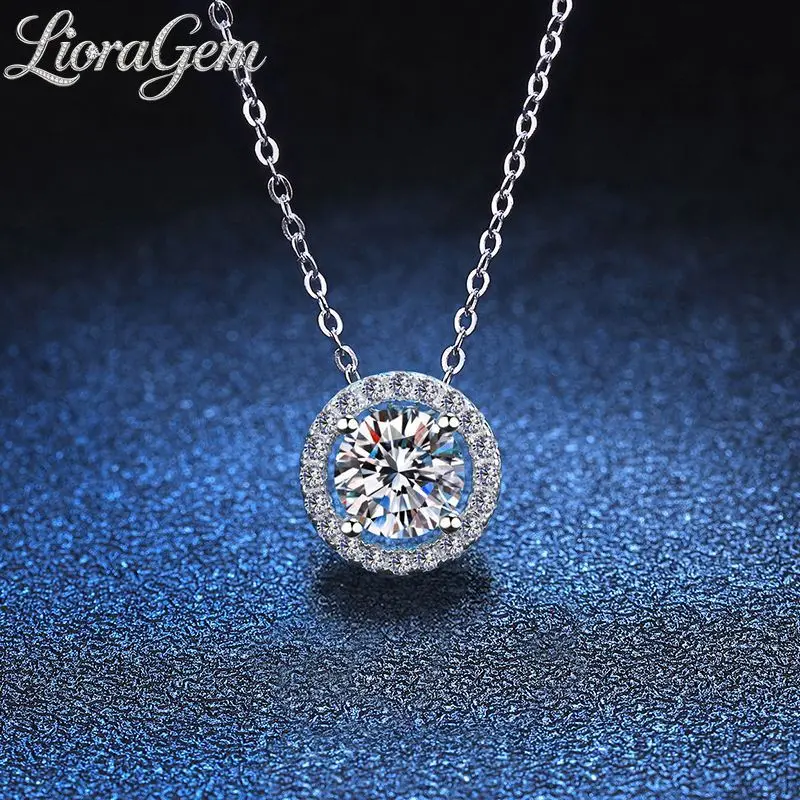 LioraGem Classic Round Wrapped Moissanite Necklace Pendant, 0.3-0.5-1 Carat Fashion Simple Clavicle Chain Platinum PT950 Stamp