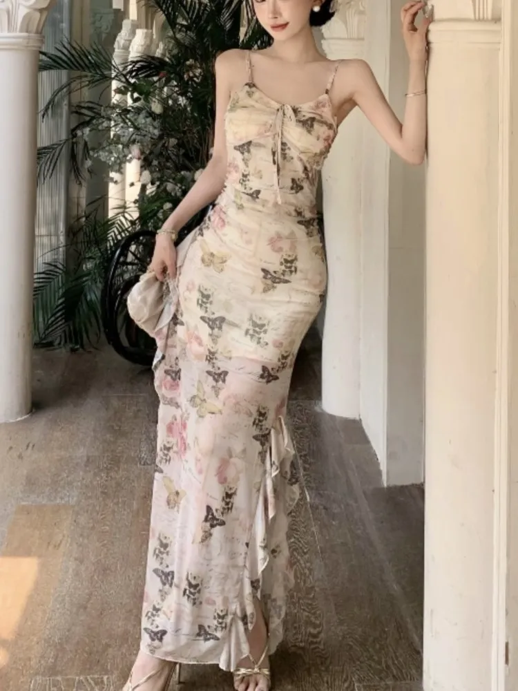 Spring Summer Elegant Fashion Basics Floral Ruffled Sling Women's Dress Long Sleeveless Slim Casual Beach Style Dresses New