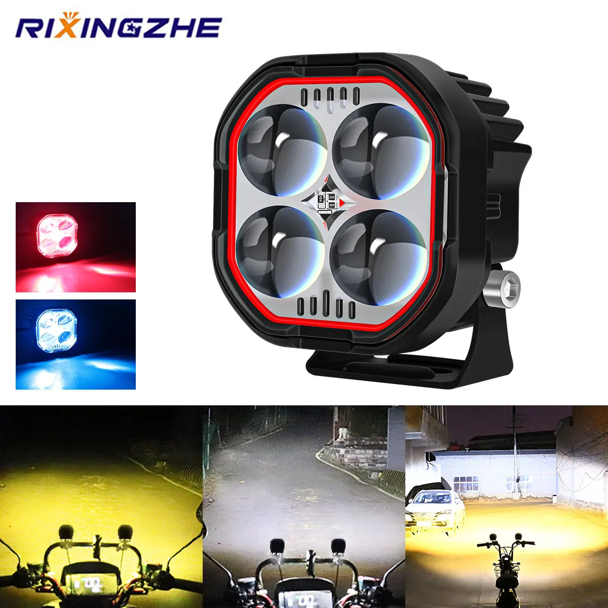 

1/2pcs Motorcycle 4Lens LED Spotlight High Brightness Dual Color White Yellow Red Blue Flash Light DRL Driving Fog Headlight