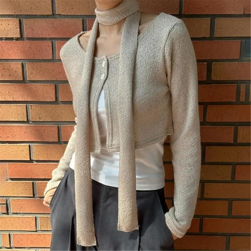 2025 New Women Fall 3 Pieces Sweater Long Sleeve Cropped Cardigan with Cami Top and Scarf