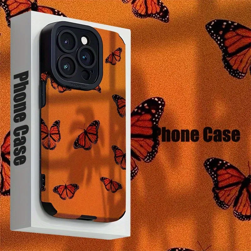 For Samsung S25 Orange Butterfly Shadow Pattern Aesthetic Shockproof Compatible For Galaxy S25/S24/S23/S22 and A Series Models