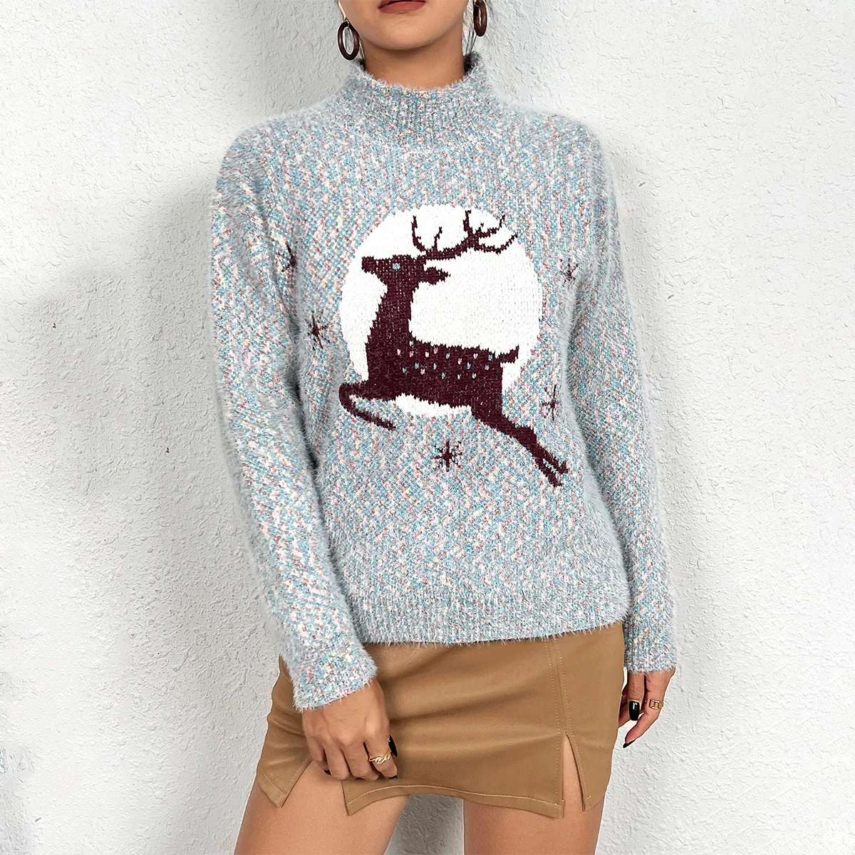 Vintage Herbst Mode Damen Middle High Neck Elk Christmas Fashion Print Pullover Long-sleeved Sweater Осенняя Одежда Для Женщин