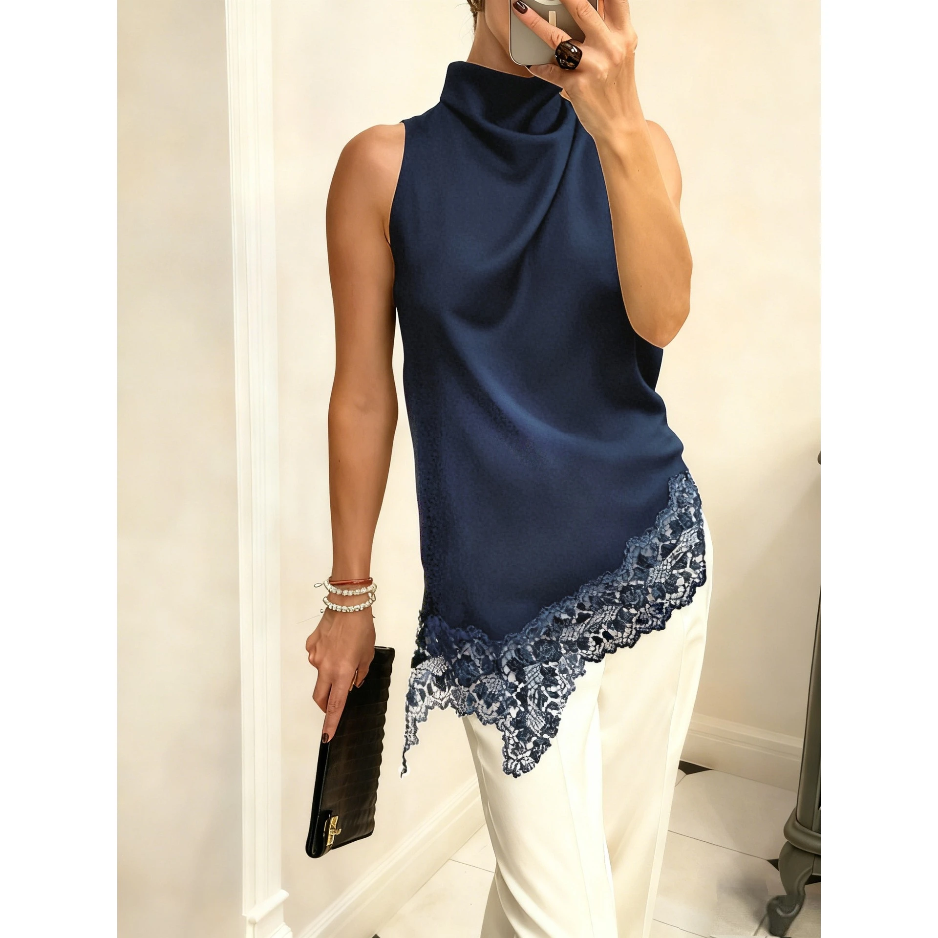 New 2025 Asymmetric Casual Lace Satin Vest Women's Series Cross-Border Leisure Fashion Polyester Blend  Color with Chest...