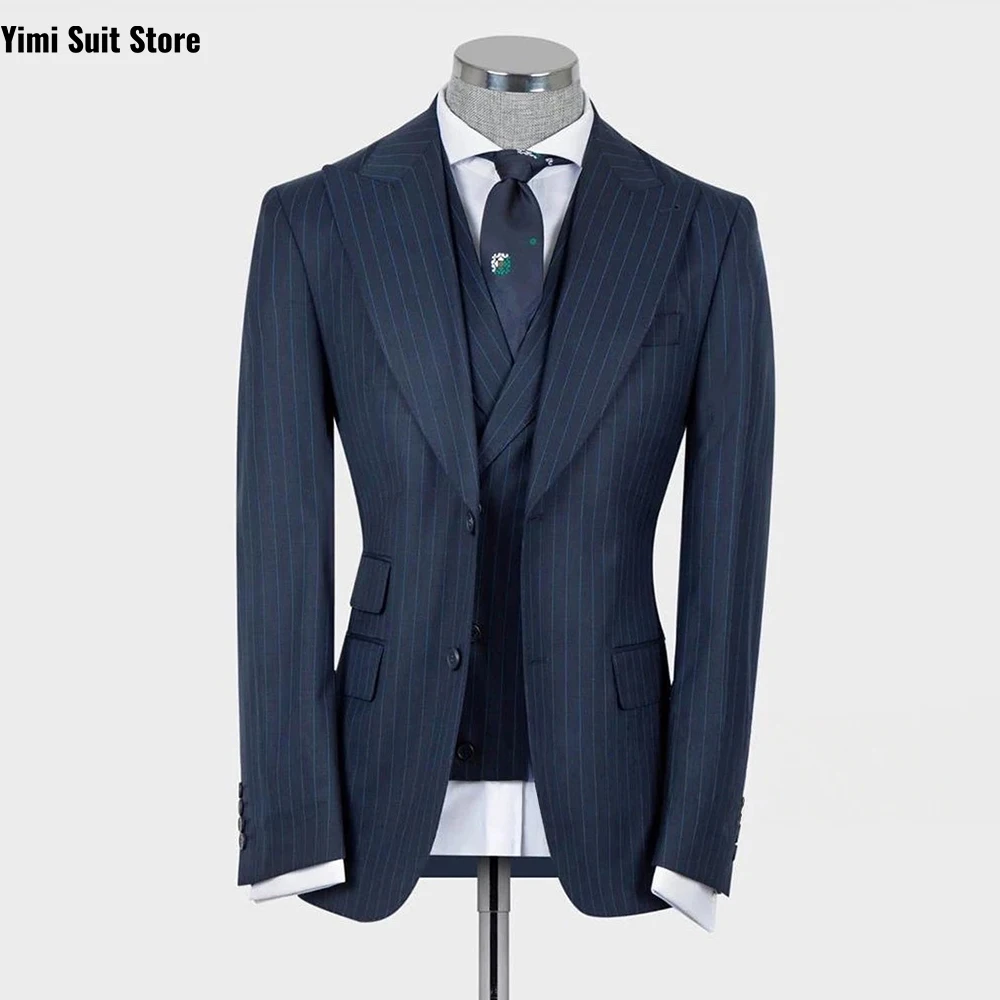 

Fashion Men Suits 3 Pieces Pinstripe Suits for Men One Breasted Formal Business Male Suit Costume Homme Jacket+Vest+Pants