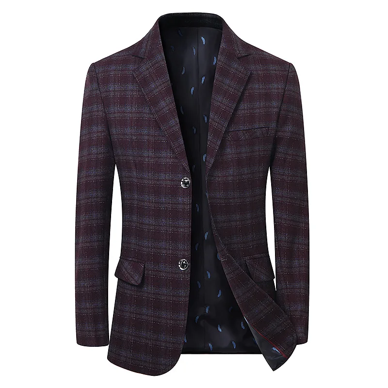 

KIDWHXR Men Blazer British Style Plaid Single-breasted Male Outerwear Long Sleeve Pocket Slim Breathable Versatile Man Suit Coat