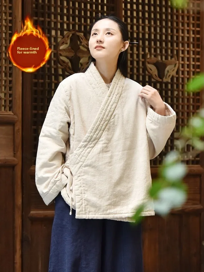 

New Chinese Style Women's Tea Clothing Warm Fleece Lined Jacket Slanting Buttoned Zen Meditation Robe Improved Lay Buddhist Coat