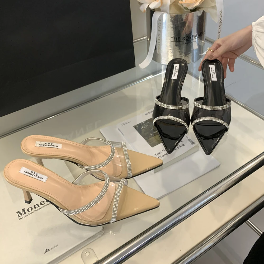 Women's Rhinestone Clear Pointed Open Peep Toe Stiletto Heel Slide Sandals Slip-On Transparent Sexy Dress High Heels Mules