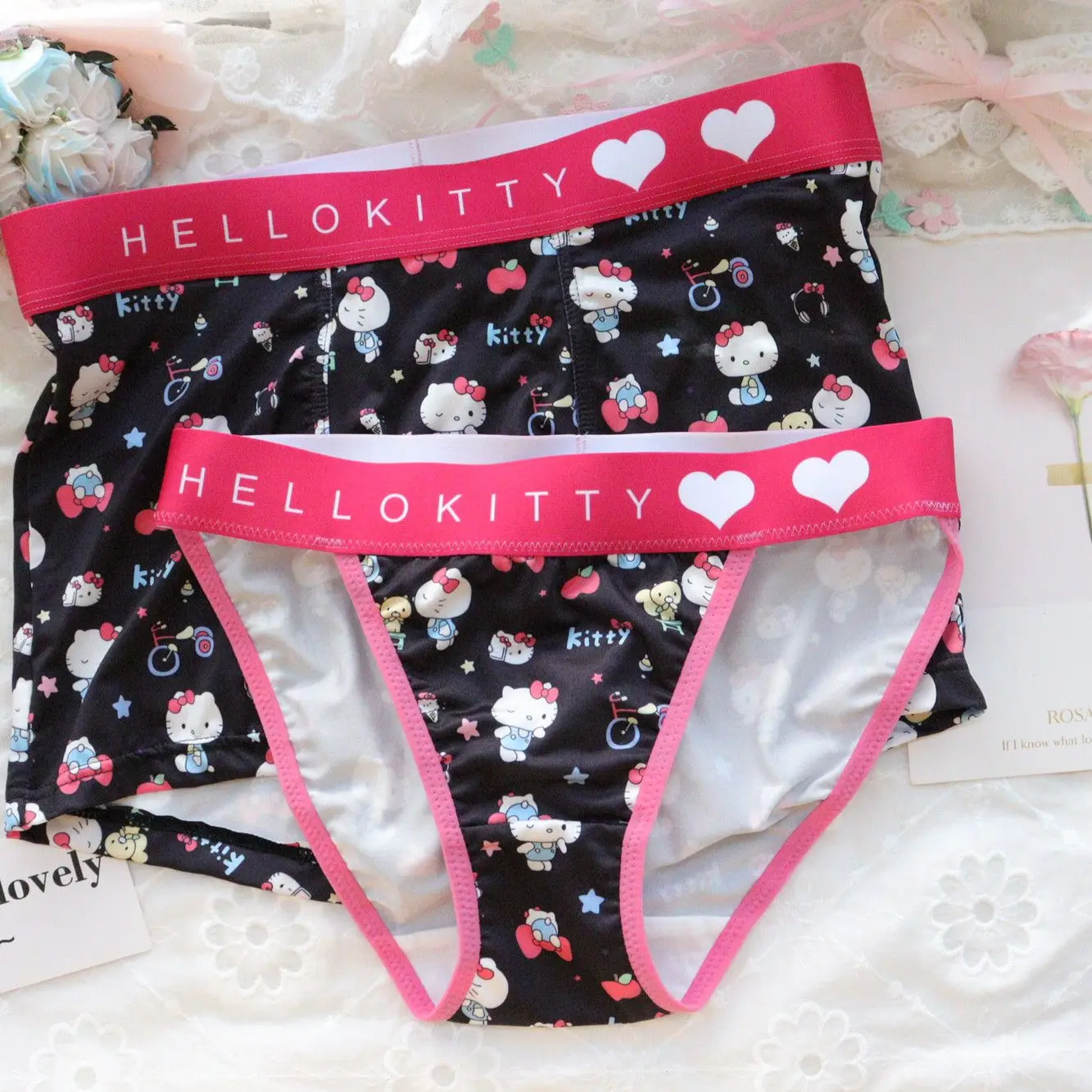 Kawaii Couple Underwear 2 Pack Hello Kitty Briefs Cartoon Exquisite Girl Clothes Boxers Boy Shorts Printing Life Daily Supplies