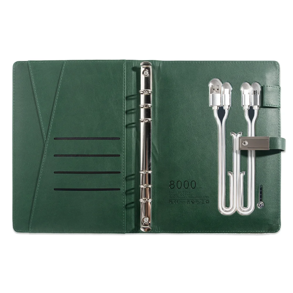 Кожаный блокнот А5 со встроенным блоком питания, беспроводной зарядкой и зарядным кабелем 3-в-1. Портативный журнал для бизнеса, путешествий