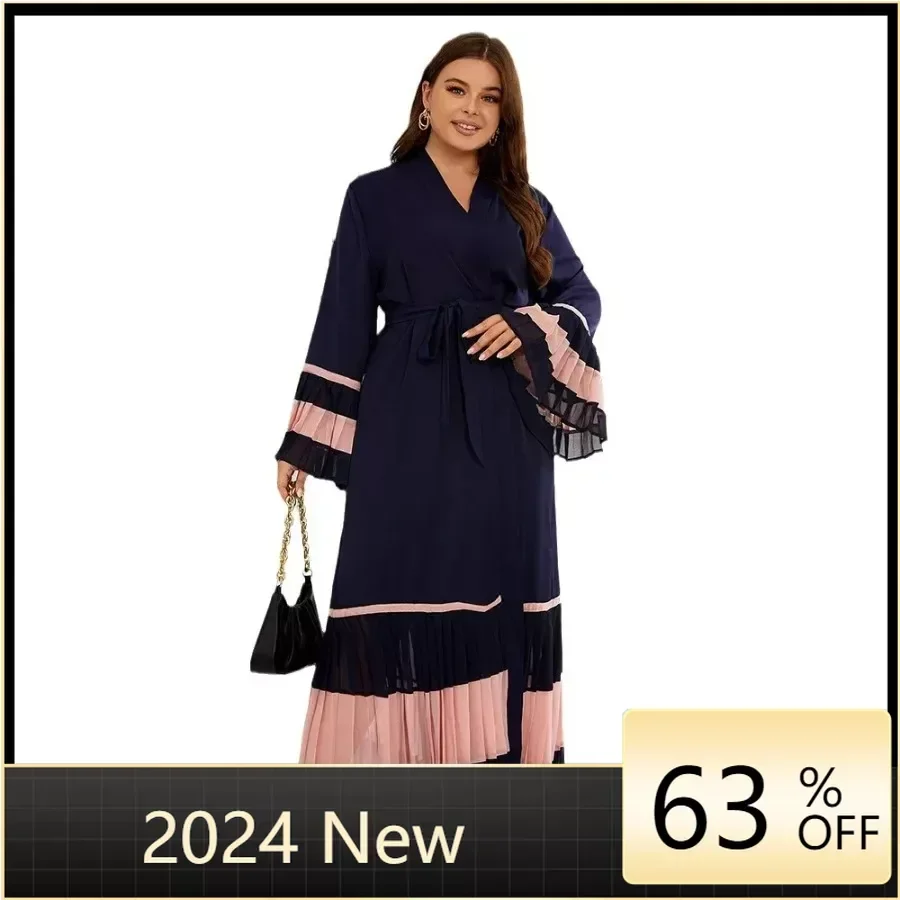 Gaun Abaya 2024 elegan musim semi musim panas Muslim wanita Logn lengan V-neck poliester gaun Maxi panjang Kaftan Muslim mode Abaya