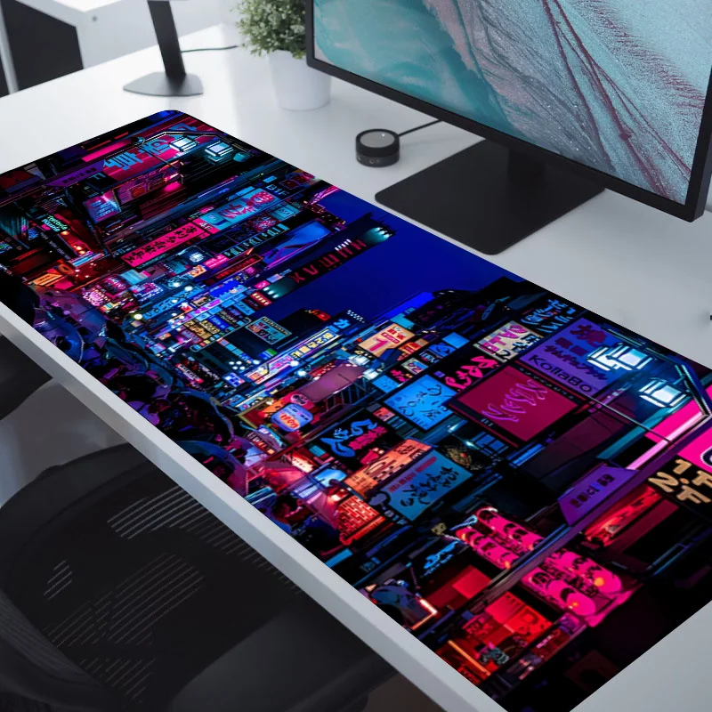 Grand tapis de souris de jeu Cyberpunk Neon City Night View, polymère de bureau, tapis de clavier d\'ordinateur, cadeau de vacances d\'anniversaire