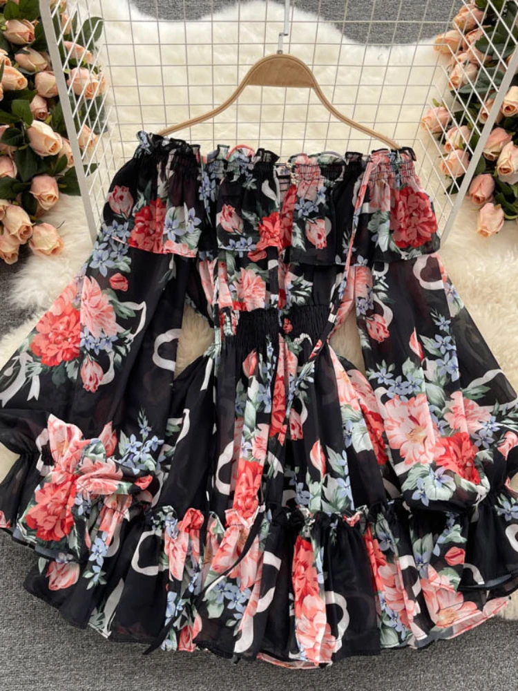 Beach Jumpsuit Romper Women Summer Slash Neck Sexy Off Shoulder Bubble Sleeve Slim Chiffon Printed Floral Shorts Pants Playsuits