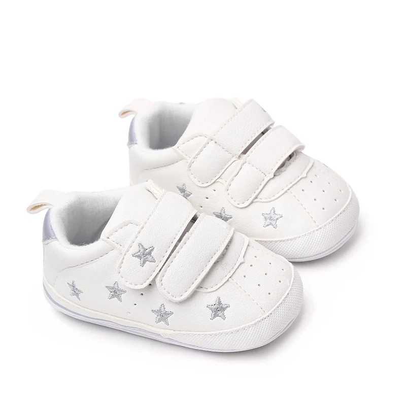 Baby White PU Sneaker Non-slip for Toddler Boys and Girls Cute Embroidery Stars and Hearts