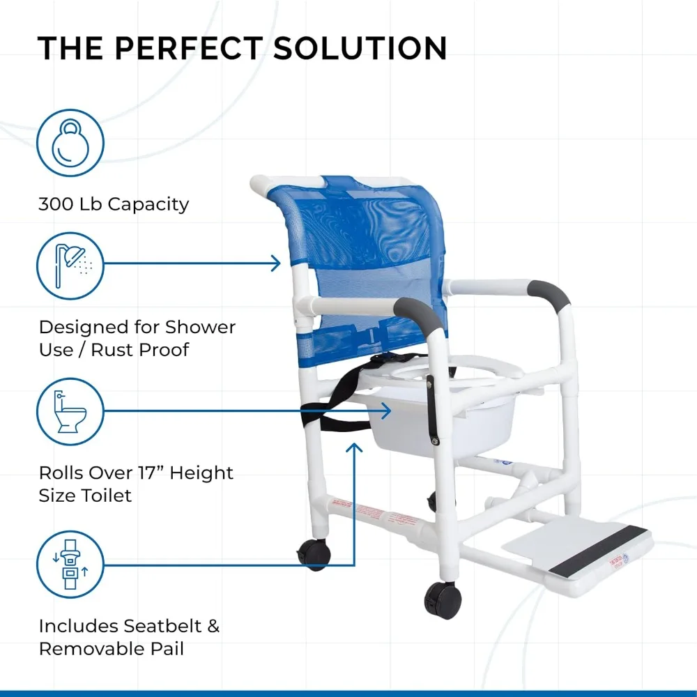 Chair with Drop Arms, Mesh Seat, Locking Casters, Seat Belt, Slide Out Footrest and Commode Pail. 300 lb. Capacity