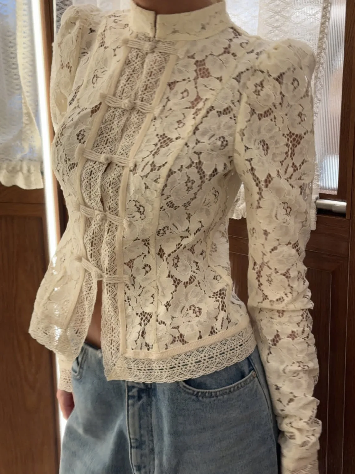 Elegant Beige Casual Hollow Out Shirts Women's Vintage Hook Floral