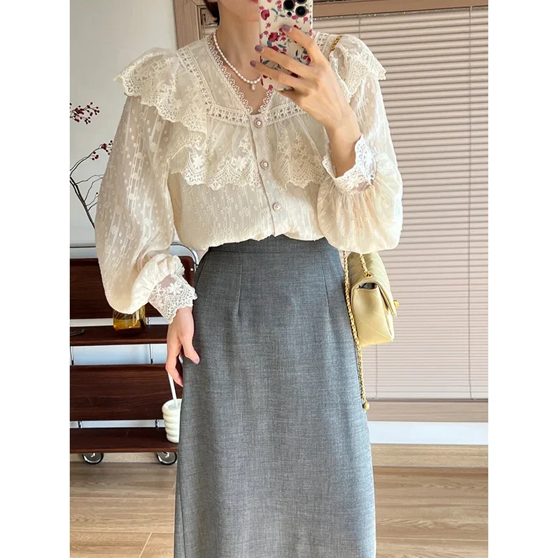 Vintage French Shirts Women Elegant Lace Long Sleeve Flounce Blouse Female Sweet High Quality Office Lady Fashion Tops Mujer New