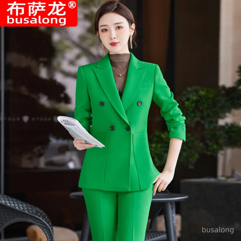 Fashion Spring and Autumn Green Nipped Waists Slim Temperament High Sense Suit Top Two-Piece Business Wear Female Work Clothes