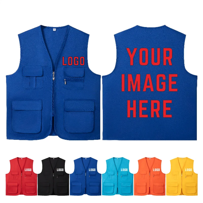 

Men's Multifunctional Sleeveless Vest V-Neck Customizable Construction Site Workwear with Multiple Pockets Printed LOGO Zipper