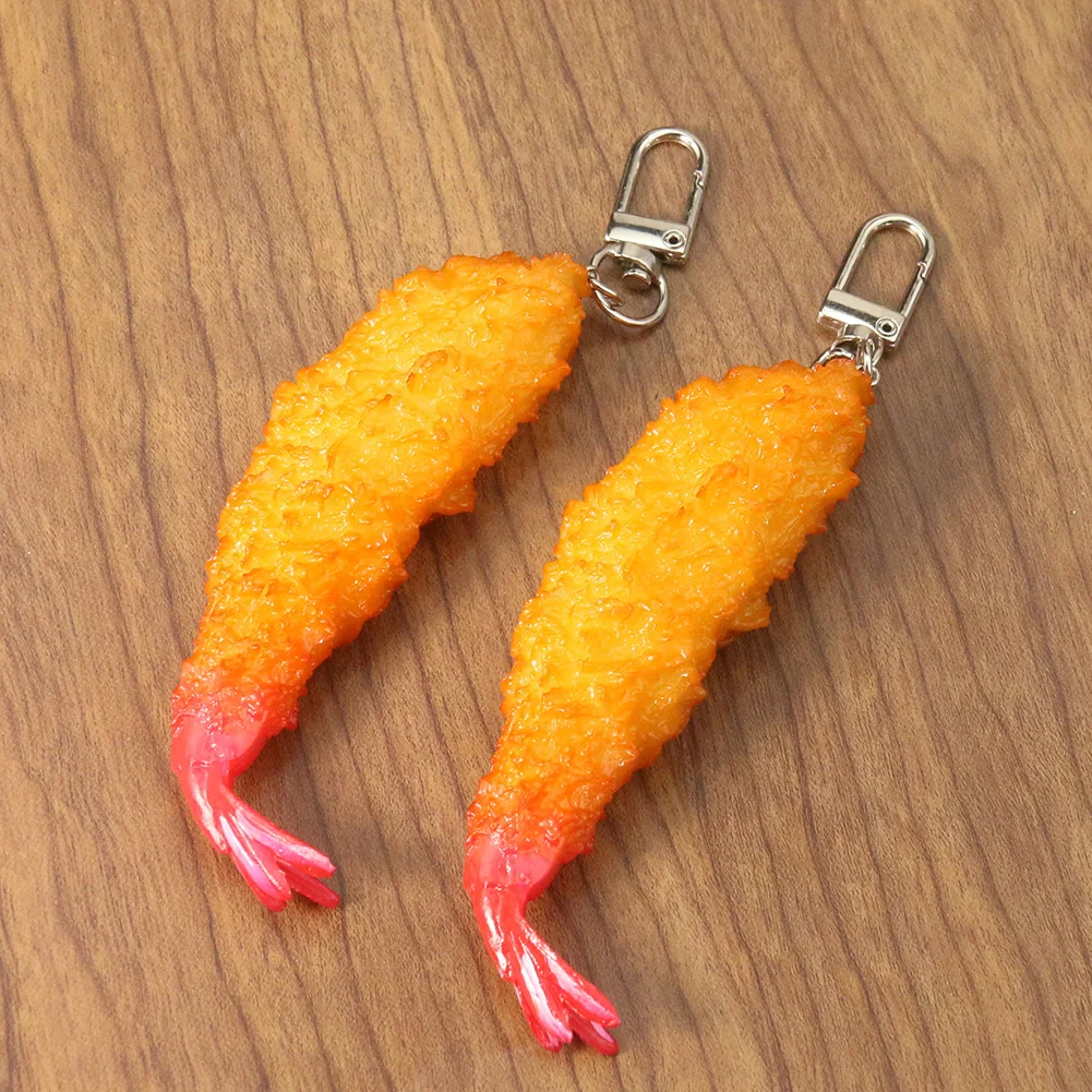 Simulation Tempura Food Keychain Ring Car Bag Pendant Restaurant Client Gift Chef Fried Shrimp Keyring Key Holder Photo Props