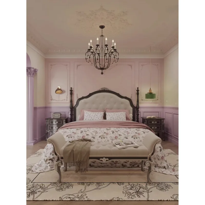 

French light luxury court style princess bed solid wood carving flower master bedroom