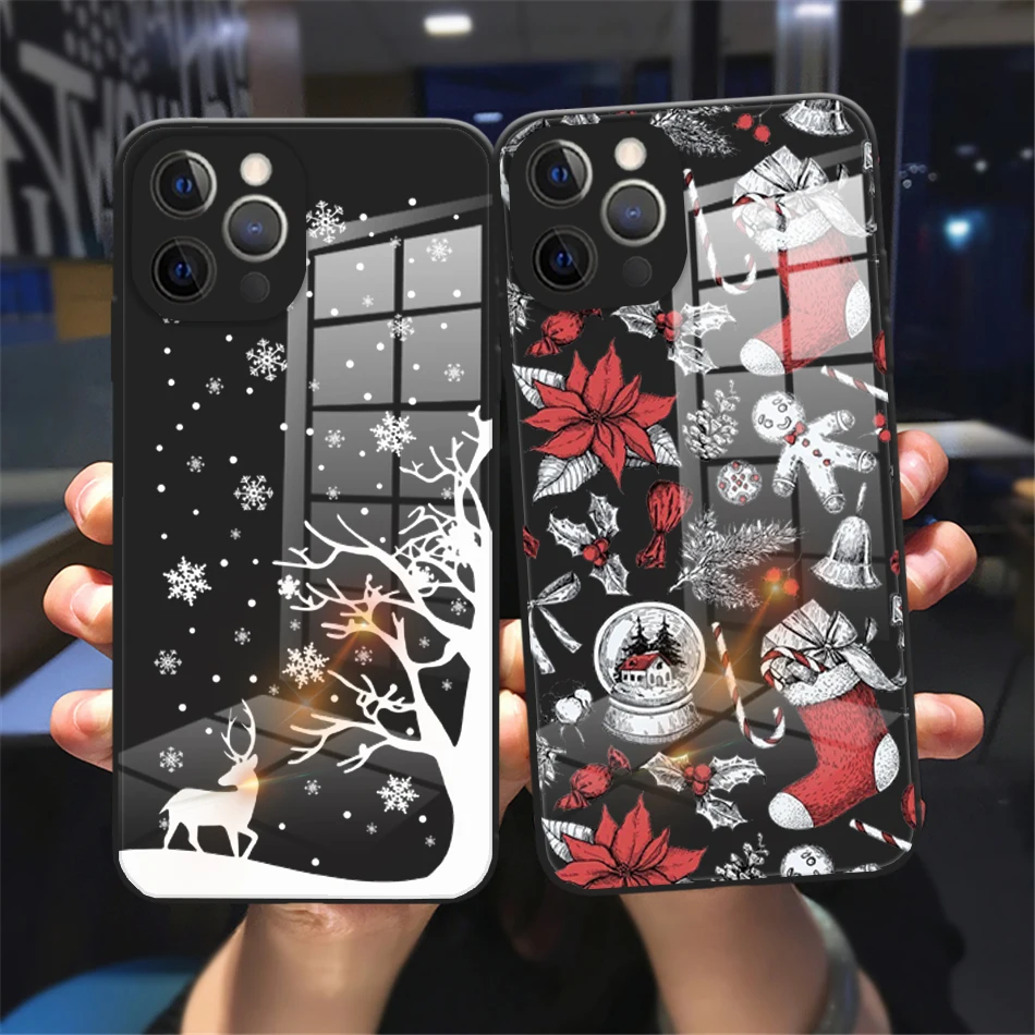 Merry Christmas Glass Phone Cover For iPhone 11 12 13 14 15 16 Pro Max 14 15 16 Plus Black Cute girl Tempered bumper Case