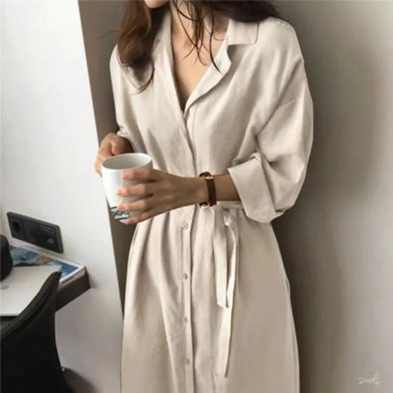 Maxi Shirt Dress Casual Turndown Neck Button Belt Slim Long Dress Ladies Streetwear 2023 Women Autumn Clothes