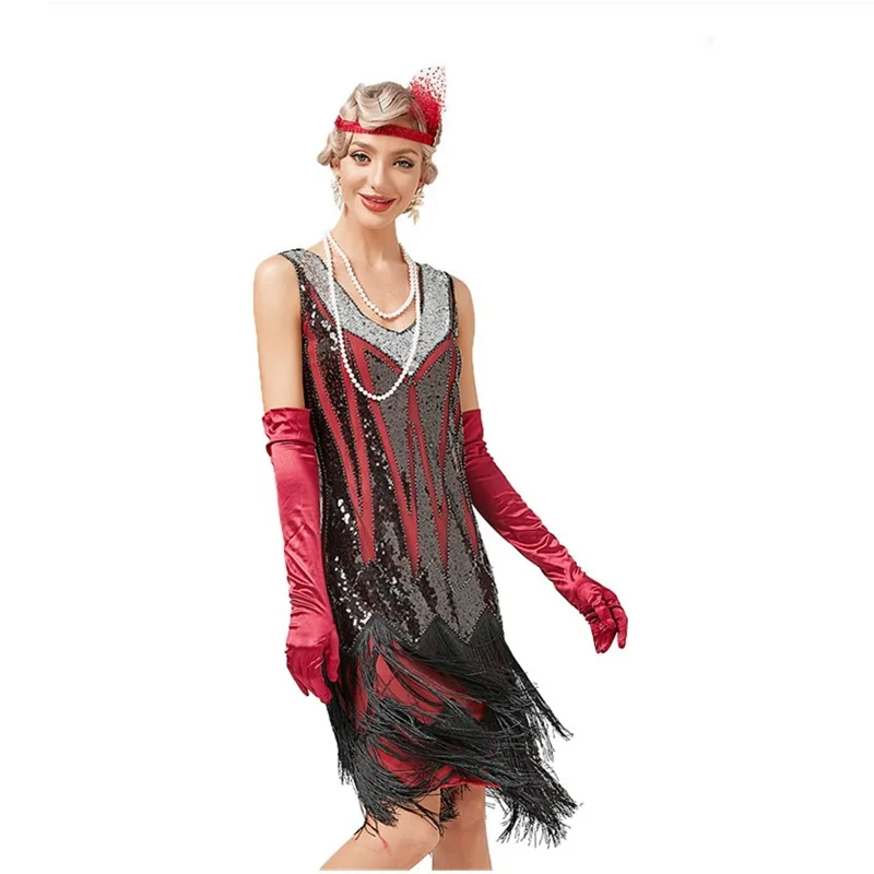 European and American retro 1920S retro V-neck tassel dress Gatsby costume Latin dance ball sequin studded dress