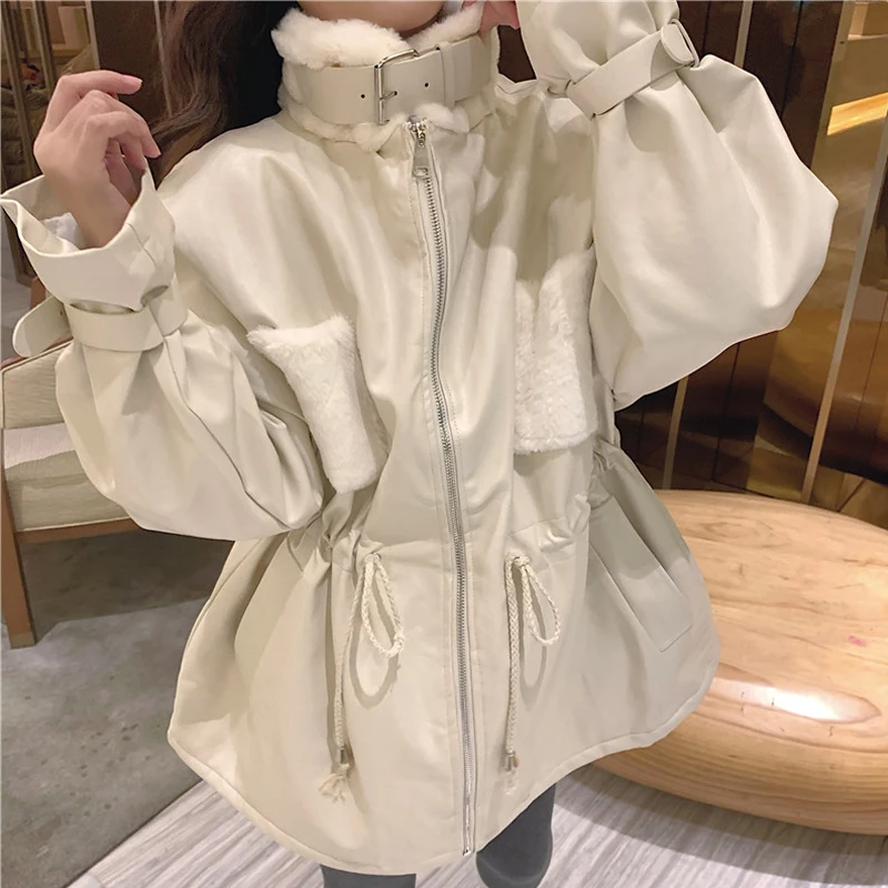 

Женское осенне-зимнее длинное длинное джутовое корейское пальто INS, свободное антивозрастное пальто с меховым воротником, хлопковое кожаное пальто