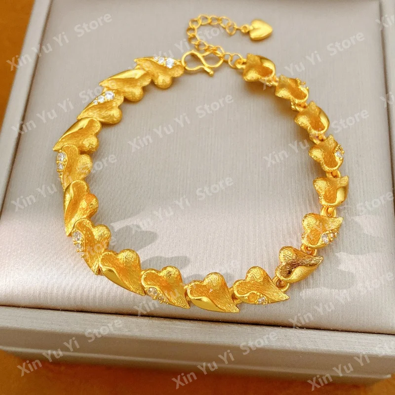 24K Real Gold Zircon Brushed Heart-shaped Bracelet Light Luxury High-end Feeling Exquisite Temperament Bracelet Women's Jewelry