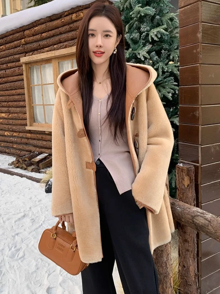 Mid-length Hooded Merino Sheep Fur Jackets Women High-end Simple Double-sided Wear Design Winter Genuine Leather Real Fur Coat