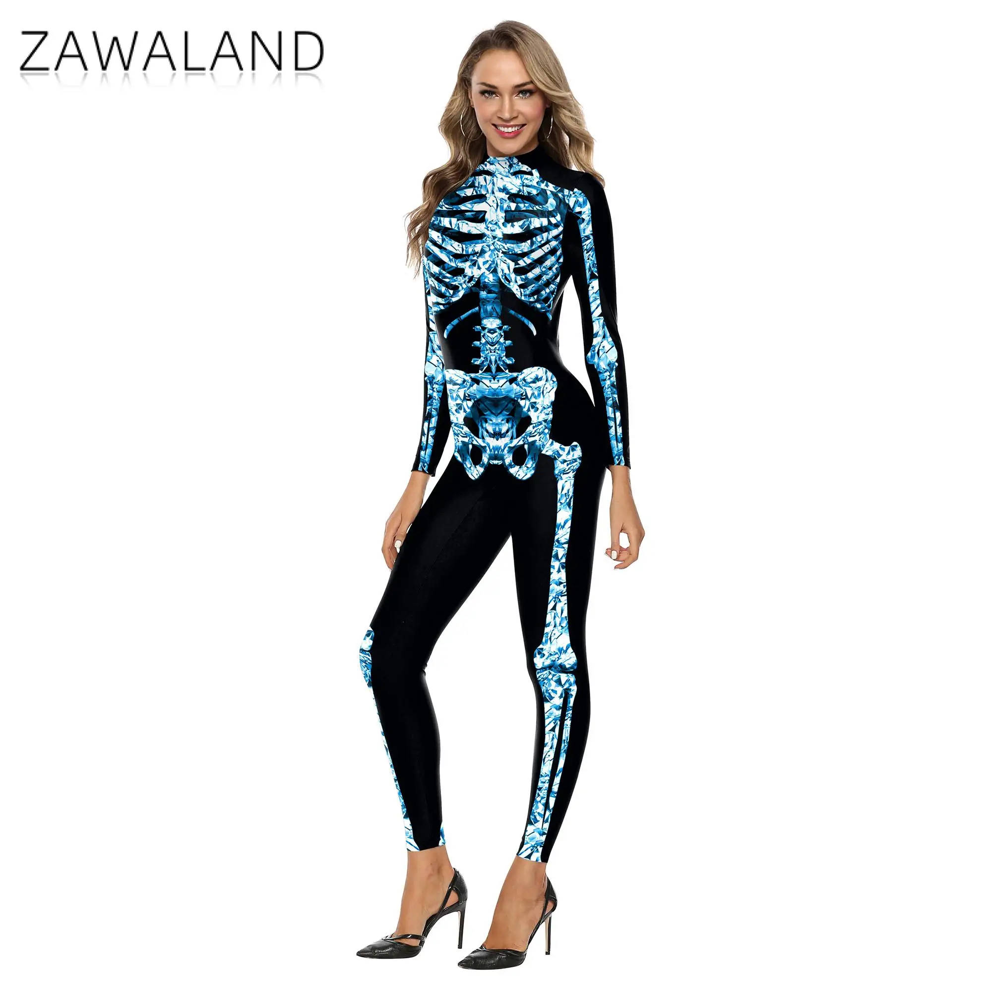 Zawaland Halloween Skeleton Cosplay Costume Women 3D Digital Printing Long Sleeve Bodysuit Stretch Elastic Zentai Rubber Suit