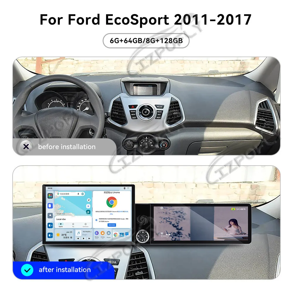 Lizpofly 13.1 inch+12.3 inch Android Car Radio For Ford EcoSport 2011-2017 CarPlay GPS Navigation Multimedia Video Player Stereo