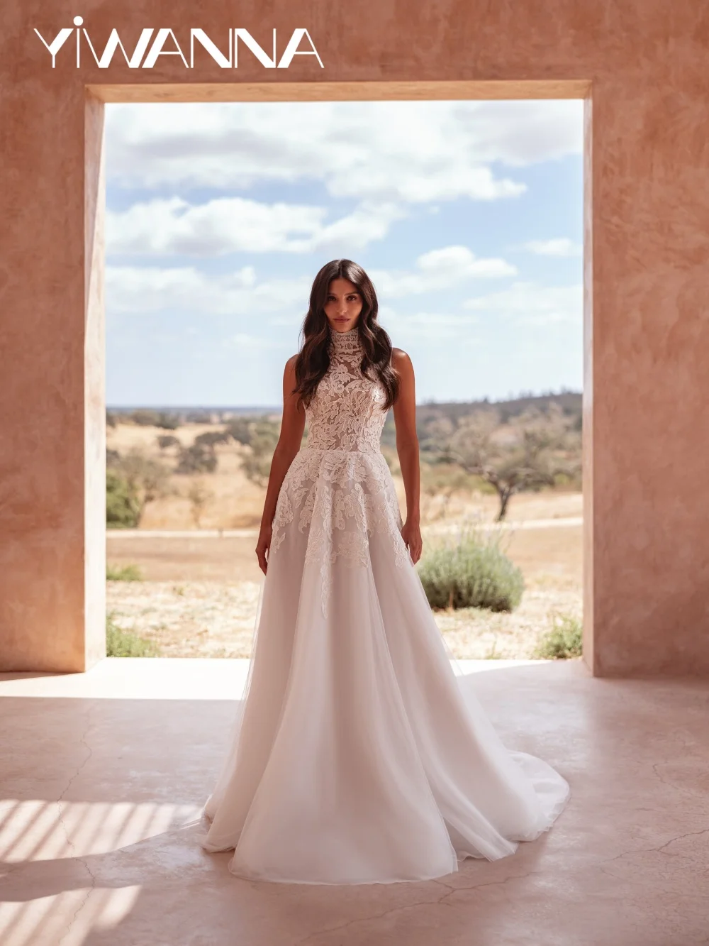 

Simple Dreamy Lace Appliques Wedding Dress Classic High Collar Sleeveless Bridal Gown Customized Floor-length Dresses For Bride