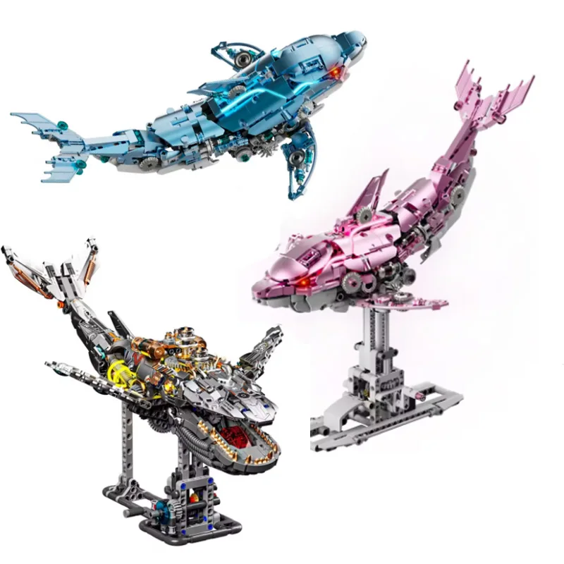 Modello di delfino meccanico Modello di blocchi di costruzione Animale marino creativo Mosasaurus Assemblaggio Ornamento educativo MOC Giocattoli di mattoni