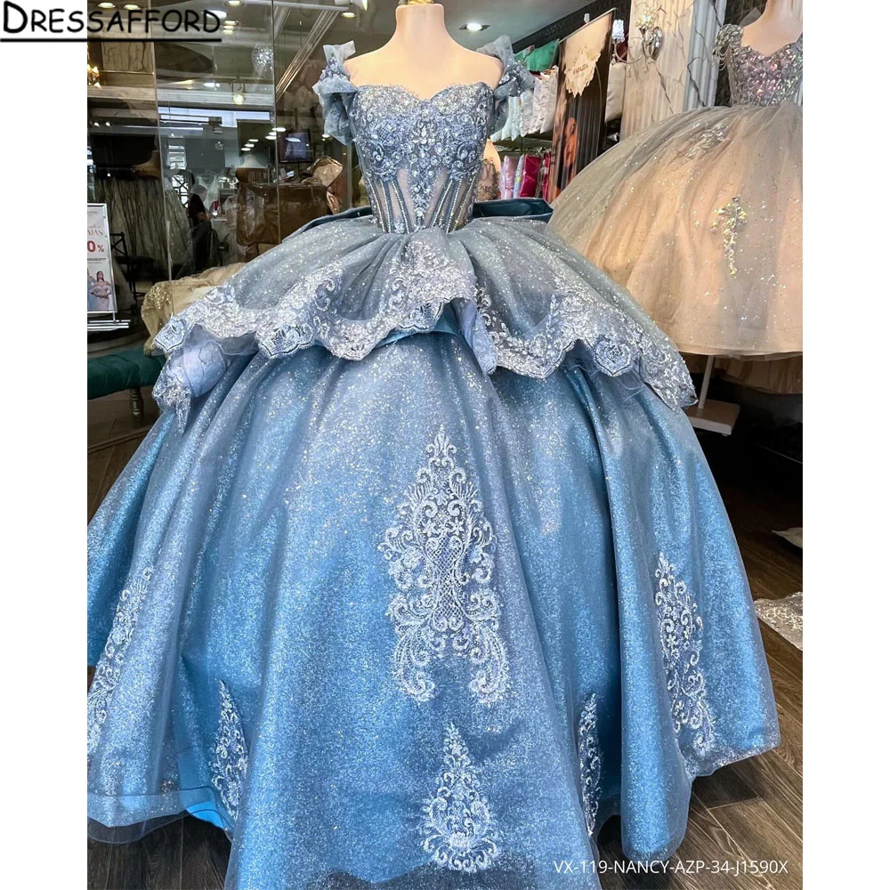 

Glittered Sky Blue Quinceanera Dresses Sequin Sweetheart Off-Shoulder Tull Ball Gown Vestidos De 15 Años XV Brithday Customized