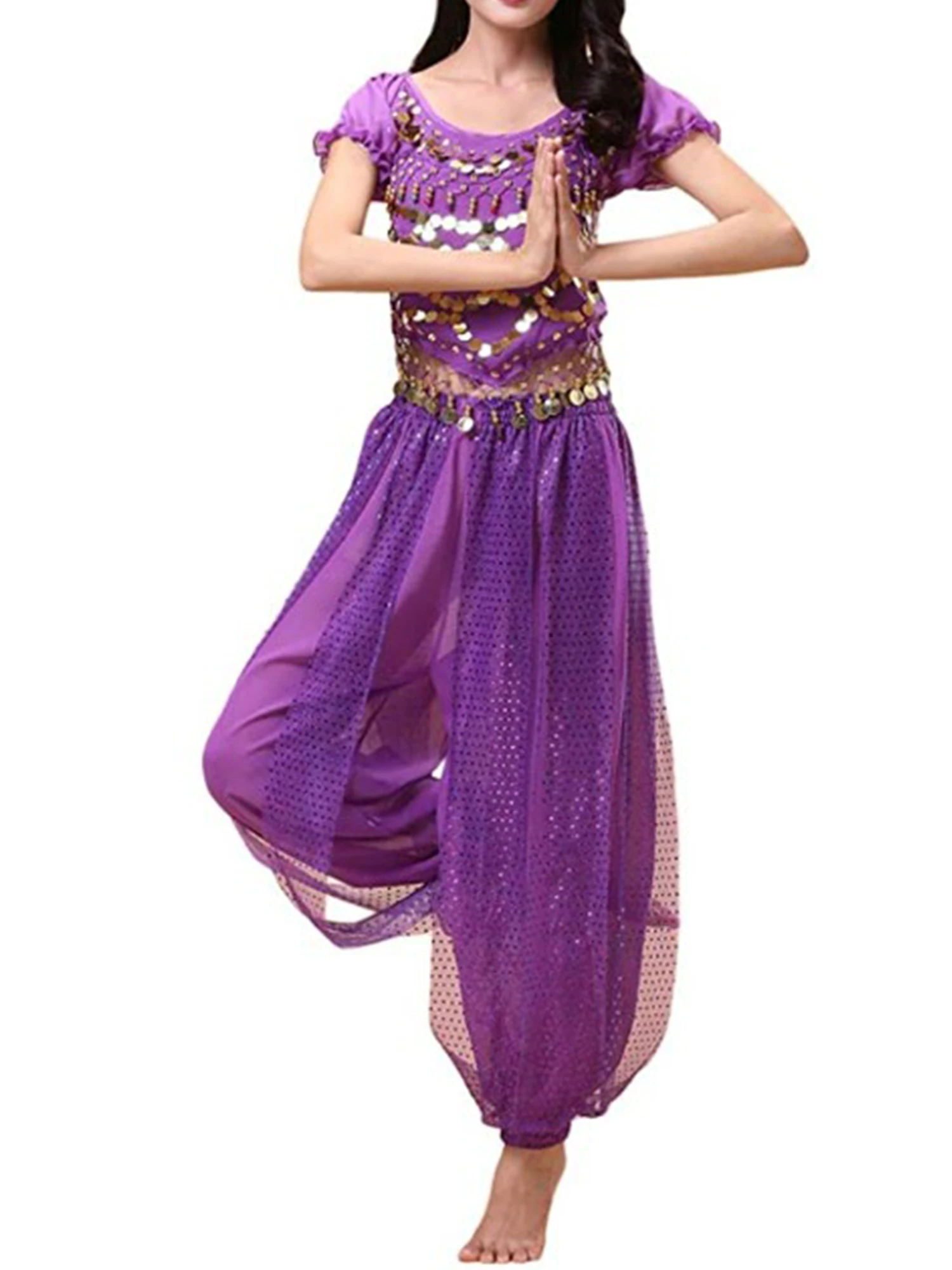 Women Ladies Bollywood Belly Dance Costumes India Arabian Stage Coins Lace-up Back Top Harem Pants Halloween Costume Cosplay