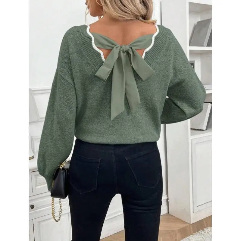 

Casual Knitted Lace Sve Mouth Pure Color Stitching Women's Sweater Ci Walk Collar Nine Points Sve Deformation Re...