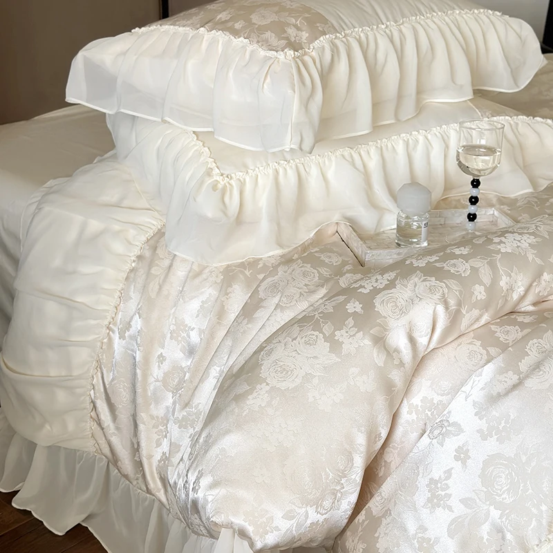 Imagem -04 - Conjuntos de Cama de Algodão Egípcio High End Jacquard Bege Satin Duvet Cover Fronhas de Lençol Chiffon Lace Quilt Cover Luxo