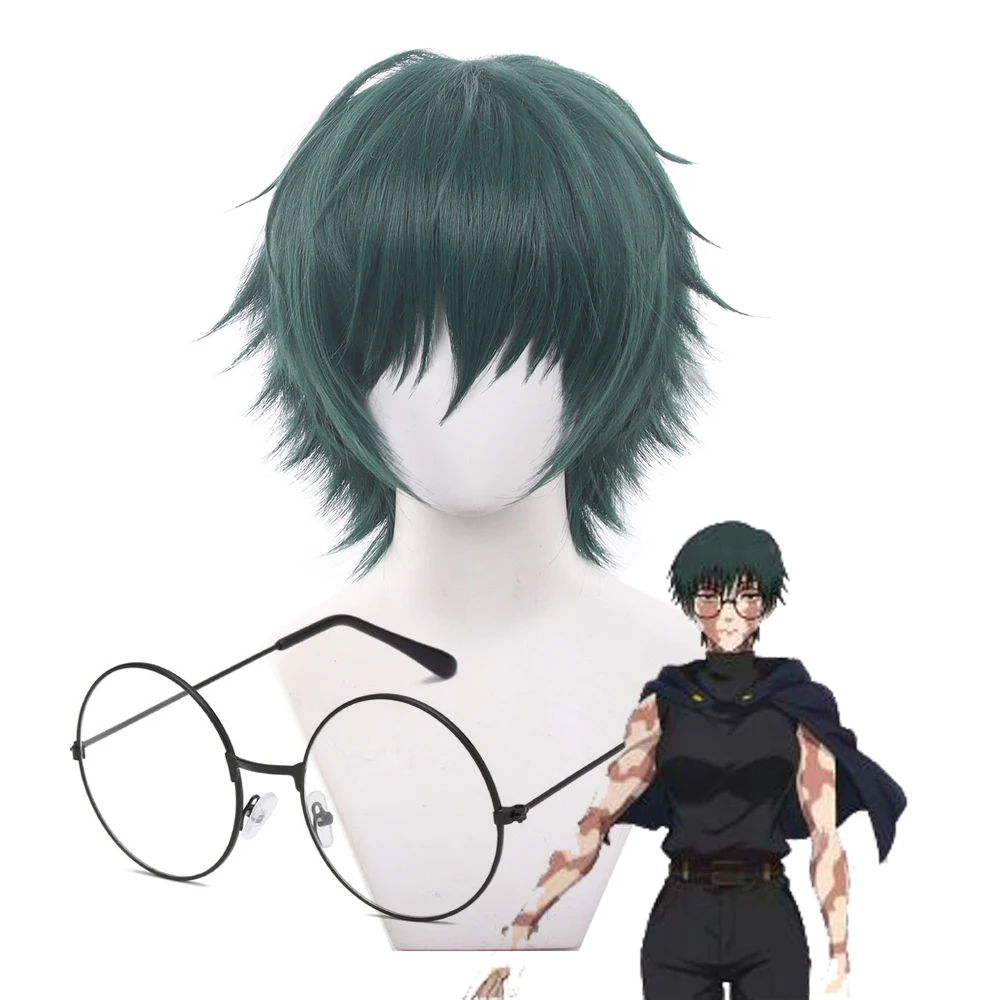 Anime Jujutsu Kaisen Maki Zenin Cosplay Perücke Kurzes grünes Haar Brille Shimetsu Kaiyuu Halloween Party