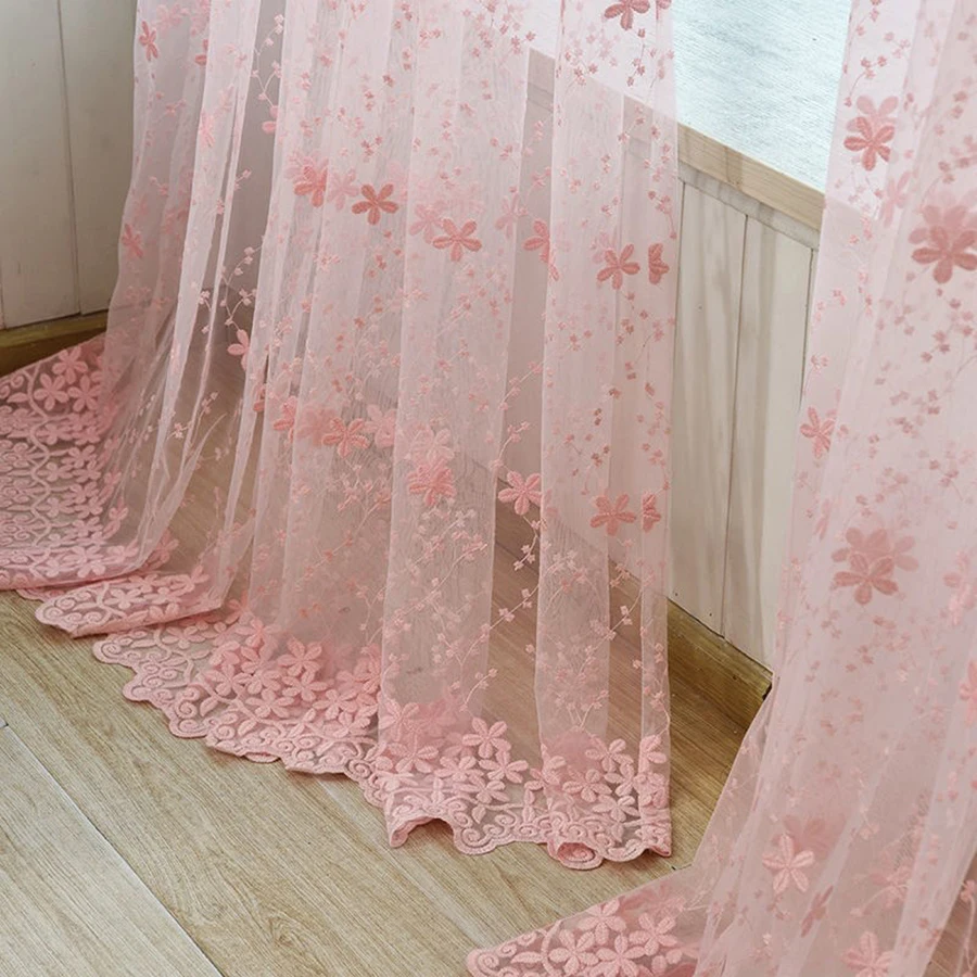 Embroidery Flowers Lace Curtains For Living Room Bedroom Sheer Kitchen Drape Window Treatment Screen Pink White Blinds wp058&C