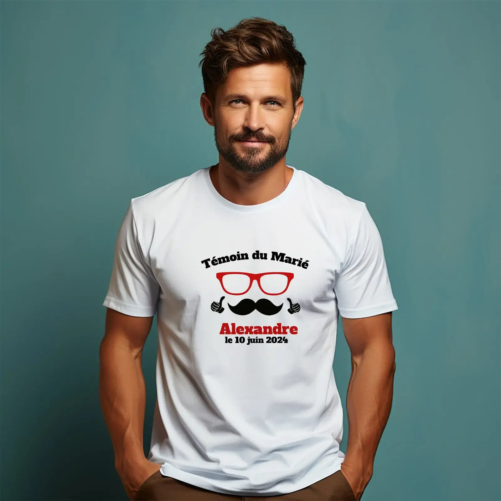 T-shirt personnalisé avec nom et date pour témoin du marié, motif moustache et lunettes amusants, pour enterrement de vie de garçon (EVG) et fête de mariage, pour hommes, style vintage délavé et extensible