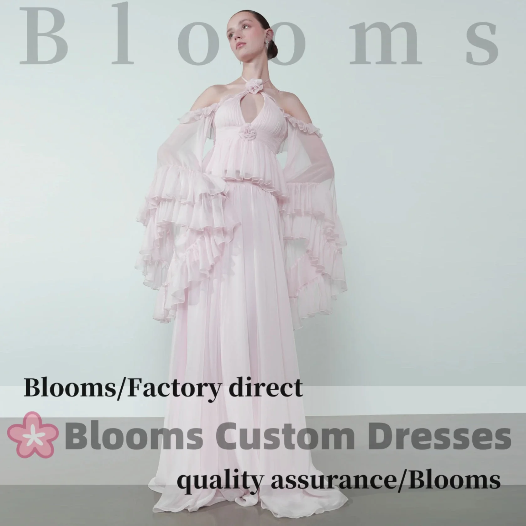 

Customized Pink Chiffon Evening Dress with Off Shoulder Tiered Ruffled Sleeves Flower Sexy Keyhole Front Formal Party Dress