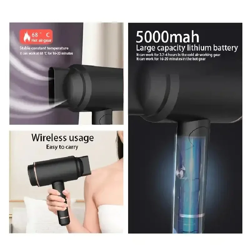 Portable Foldable Cordless Hair Dryer Rechargeable 5000mAh Travel Wireless Professional Ionic Blow Dryer Powerful Strong Wind