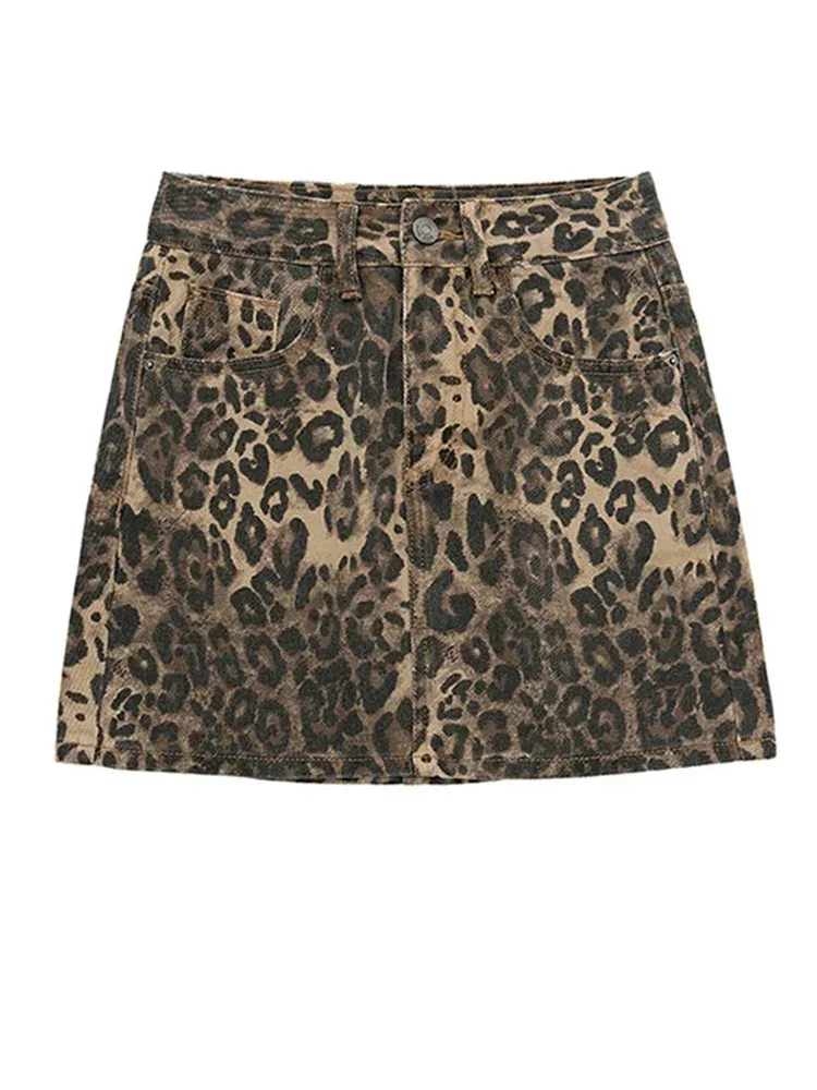 

Retro Y2K Street Hip Hop Women's Denim Short Skirt New American Fashion High Waist Women Leopard Print Sexy Wrapped Hip Skirt