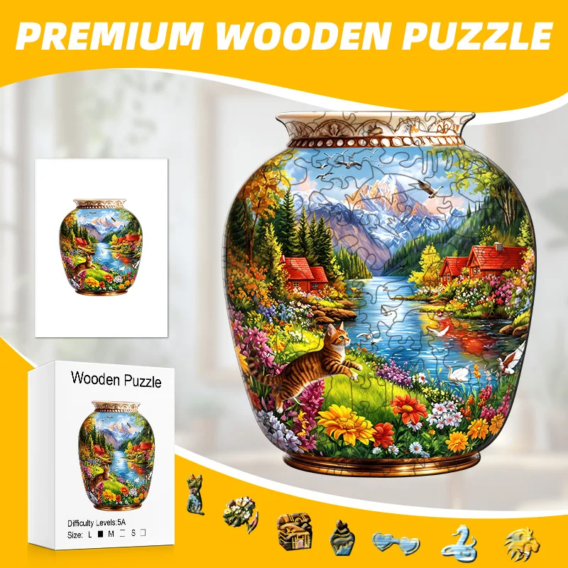 

Деревянный пазл для взрослых, уникальные детали неправильной формы в виде животных, пазл с изображением горной реки и кошки, подарок своими руками для любителей пазлов