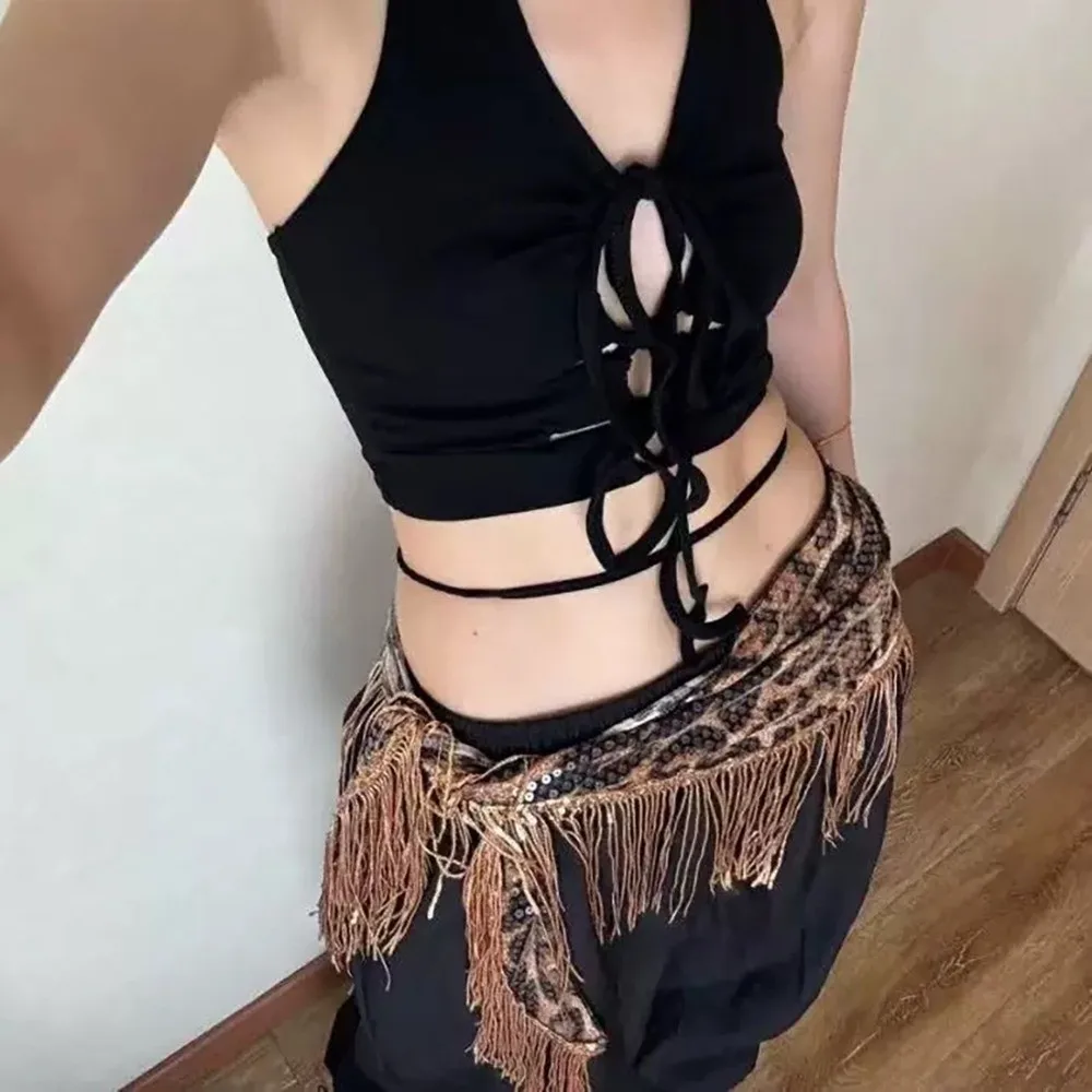 Sequin Jazz Dance Hip Scarf Y2K Shirt Extender Tassels Leopard Print Belt Long Hip-hop Cargo Pants Waist Band Waist Accessories