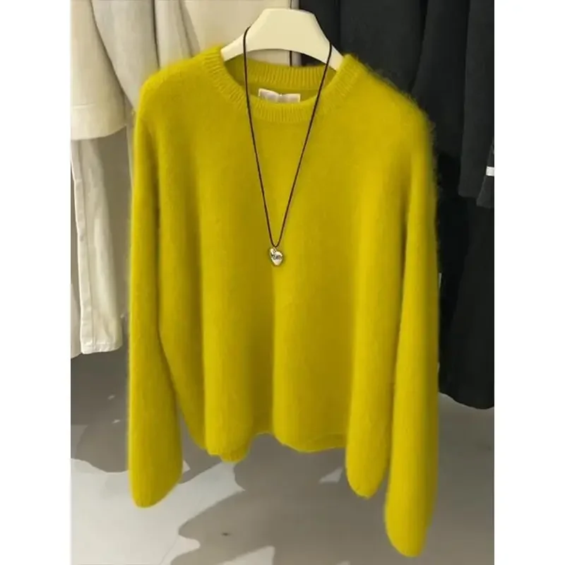 Recommended! Yellow Round Neck Angora Sweater Versatile Elegant Mink Soft And Supple Knitted Top For Autumn/Winter